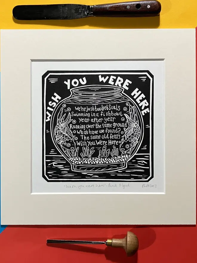 wish you were here pink floyd lyric lino print