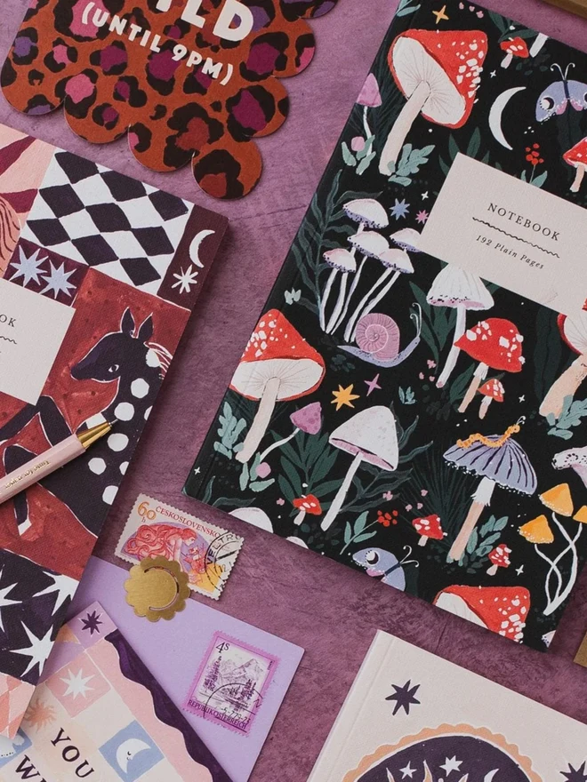Mushrooms Notebook in a flat lay with Sister Paper Co cards