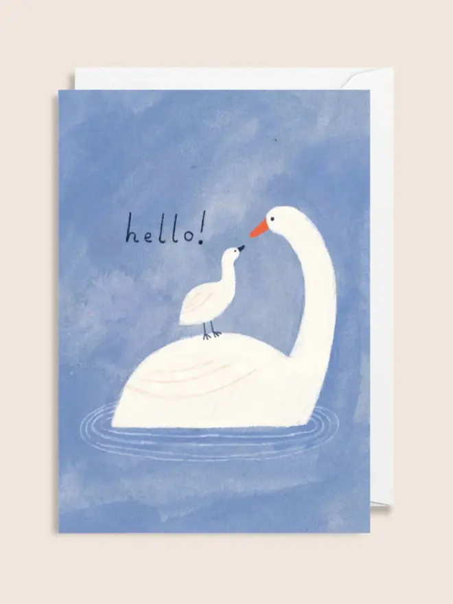 'Hello' Swan New Baby Card, white background. 