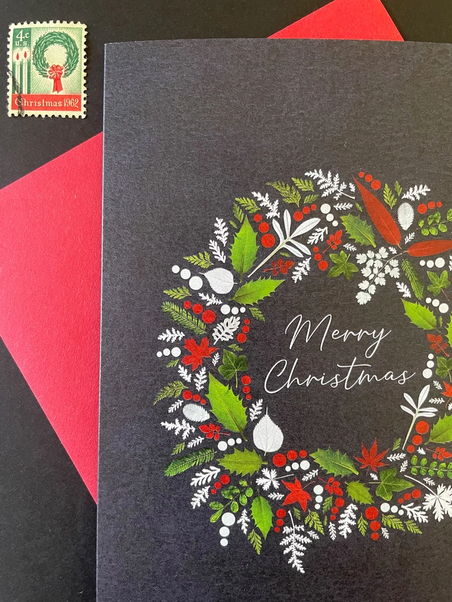 Detailed View of Christmas Card with Winter Foliage Wreath Design made from pressed Holly and Ivy Leaves