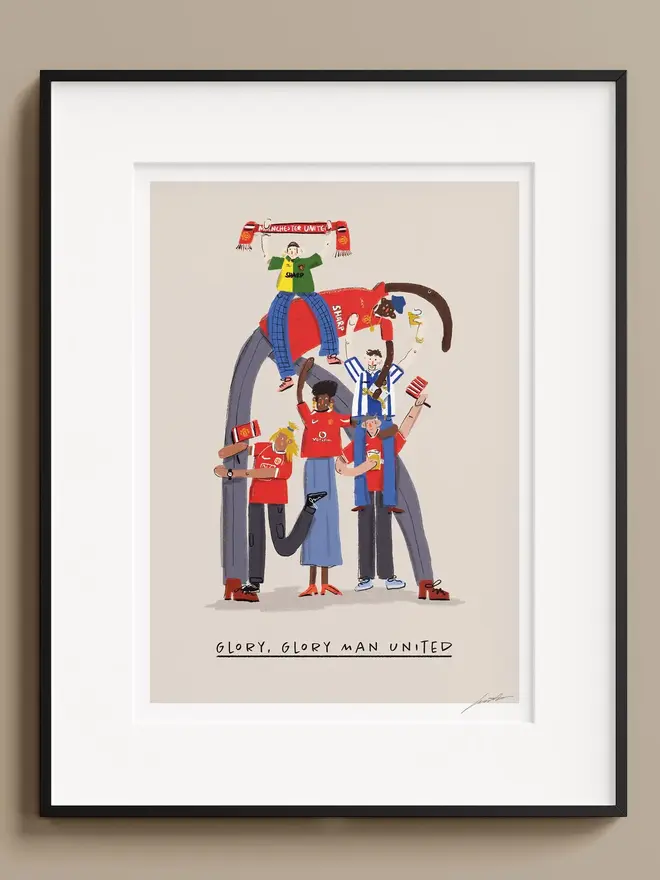 illustrated football team fan print. an illustrated image of football fans in manchester united merchandise with a team quote.