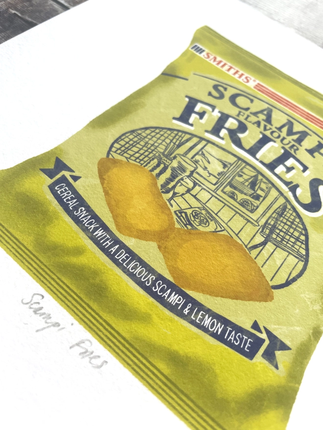 Detail of an Illustration of a Scampi Fries bag of snacks