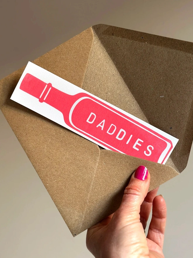 'Daddies' Handprinted Vintage Bottle Bookmark in Red