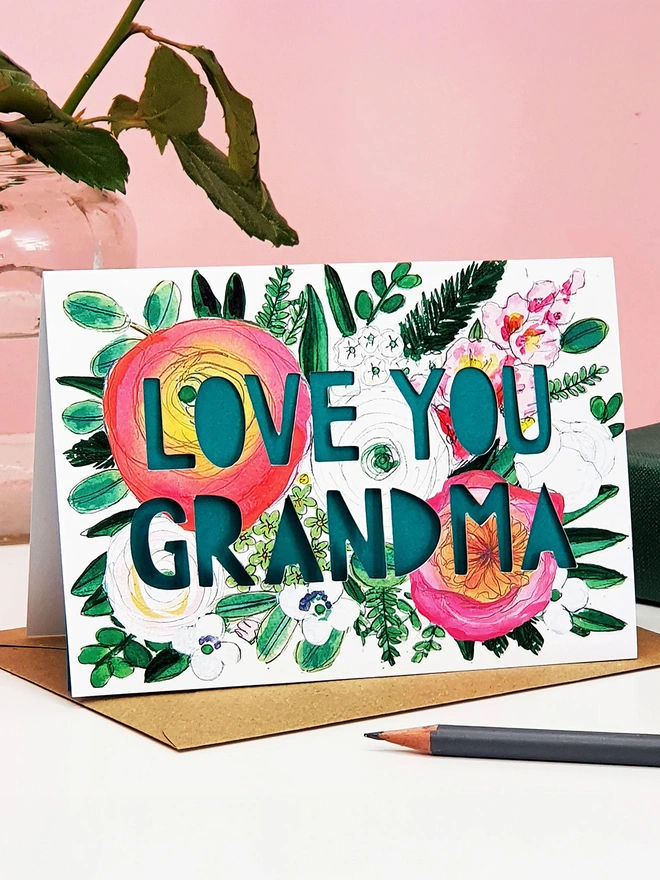 Love you grandma paper cut floral card