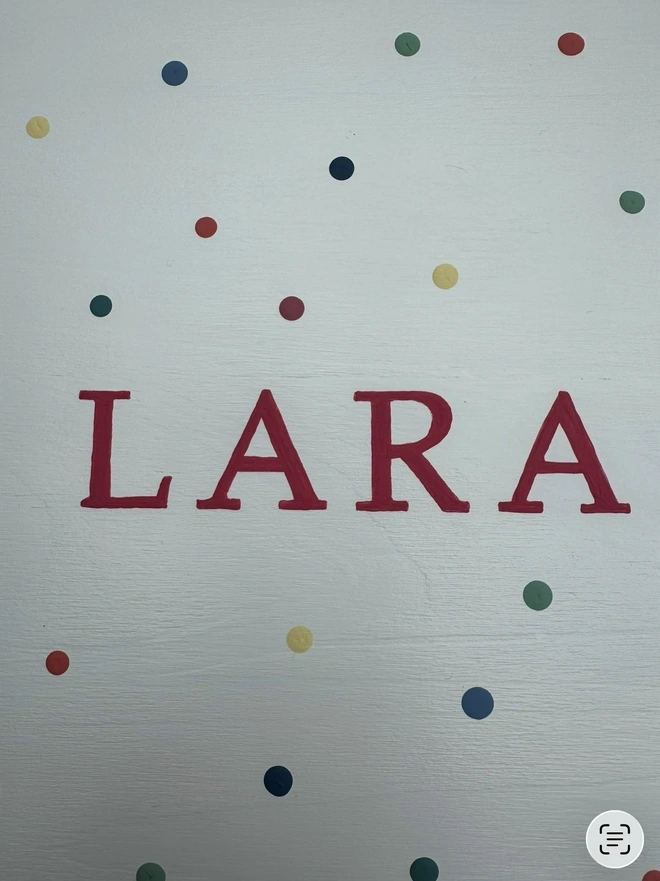Close up of the handpainted Lara and the polka dot design. 