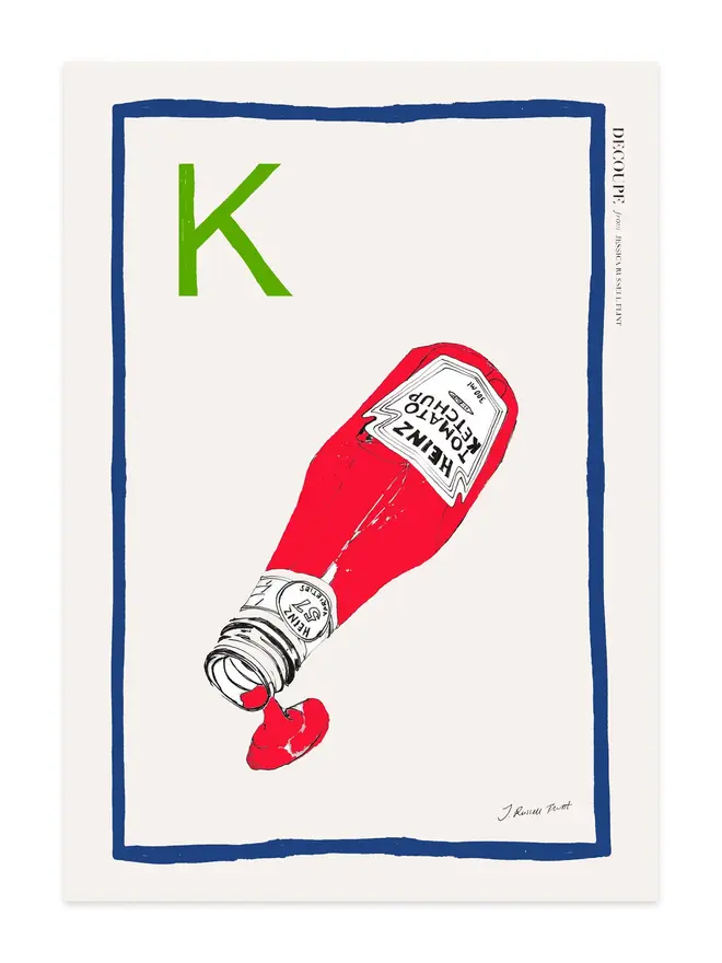 signed a-z alphabet prints. ketchup print with the letter 'k' in the corner.