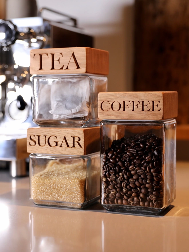 Personalised tea, coffee and sugar oak storage jars