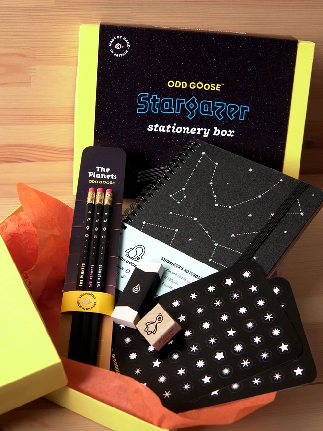 Stargazer Stationery Box, with Notebook, Stickers, Pencil Set, Sharpener, Eraser