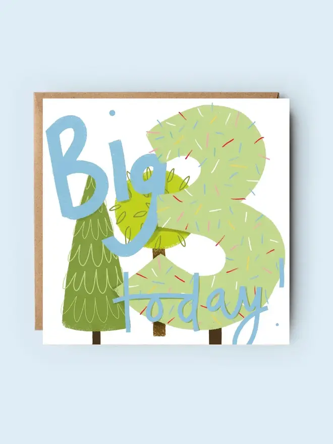 'big 3 today' illustrated birthday card. a card featuring a big green number 3 and illustrated trees.