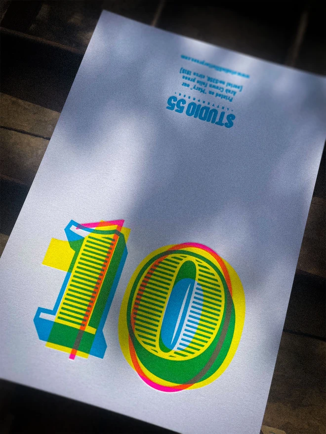 10th birthday anniversary typographic letterpress card. Deep impression print. Unique with no print being the same. They show slight colour variations adding to the style. Also available in other milestones : 1, 2, 3, 18, 21, 30, 40, 50, 60, 70, 80.