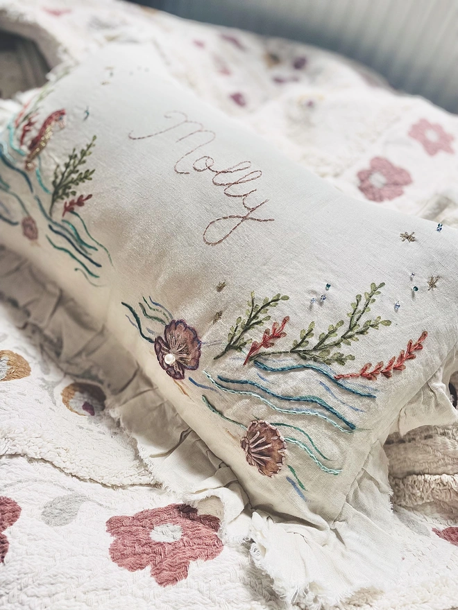 Under the sea, hand embroidered cushion on natural linen with personalised name 