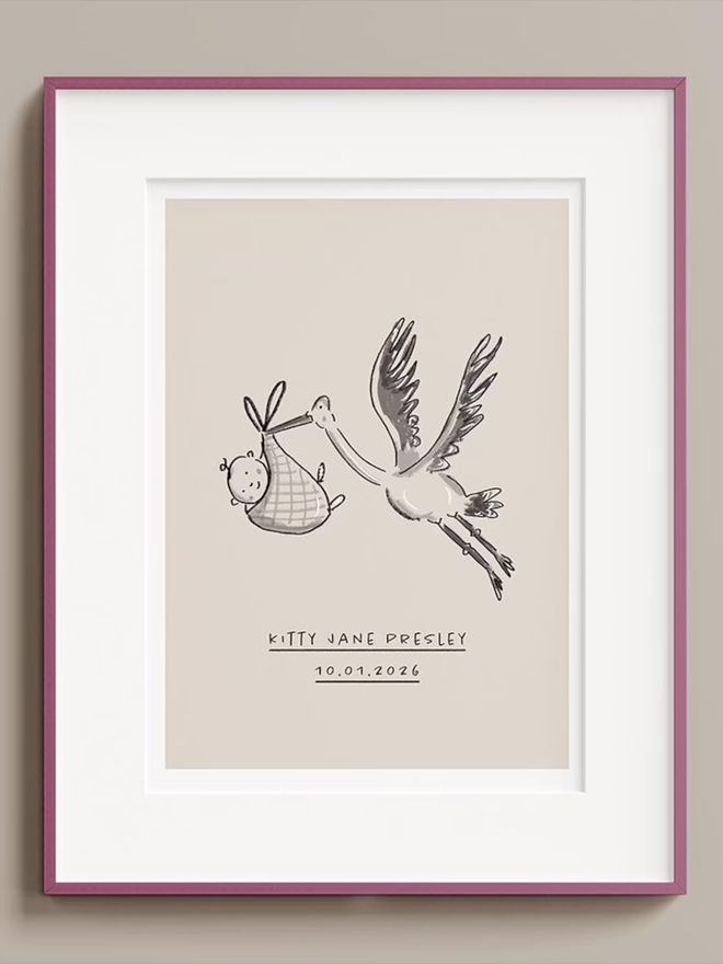 custom new baby illustration. a beige background with an illustrated stork carrying a baby.