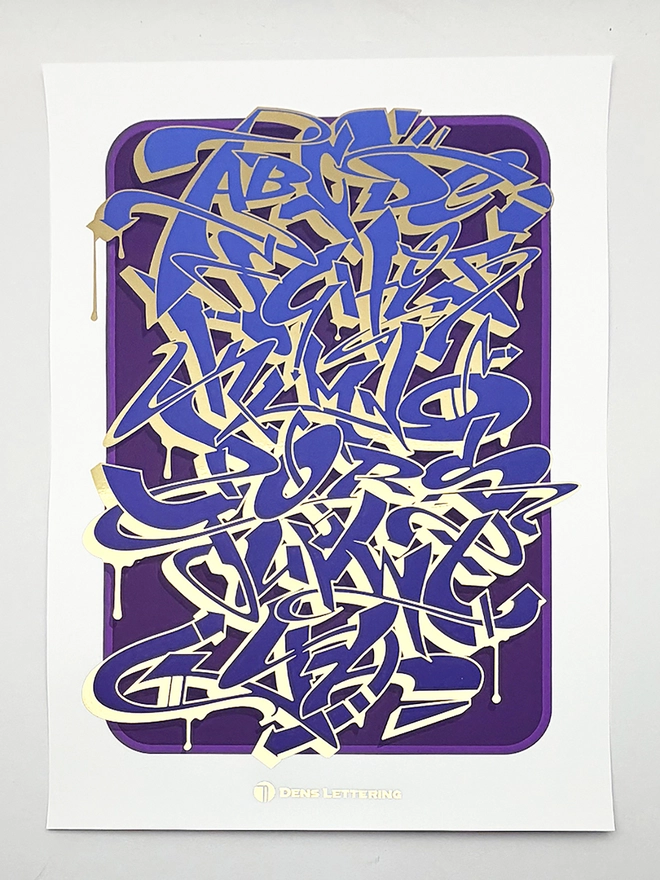 Blue And Purple Graffiti Alphabet Metallic Gold Foil Print, white background