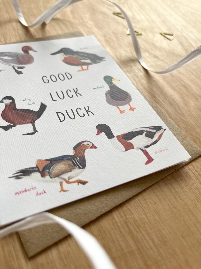 a greetings card featuring a selection of different species of ducks with the phrase “good luck duck”