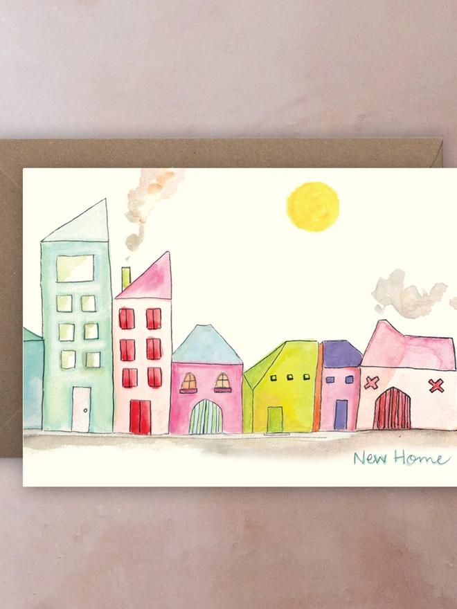 New home card featuring an eccentric array of homes