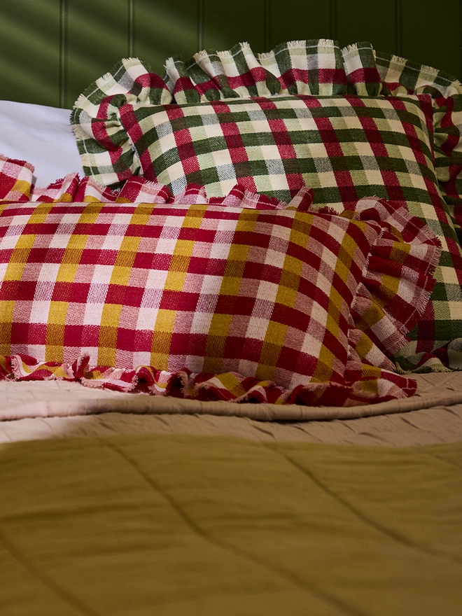 Sour Apple Ruffle Cushion. A pair of cushions. Sour Apple is at the back.