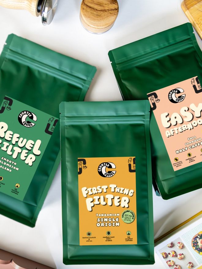 All Day Filter Collection. Three bags of coffee from Counter Coffee.