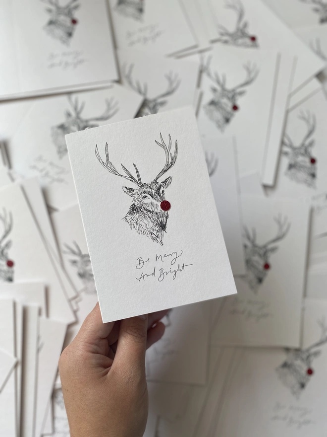 Be Merry And Bright Reindeer Handfinished Christmas Card