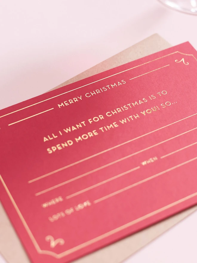 close up of hot foil printing on christmas voucher