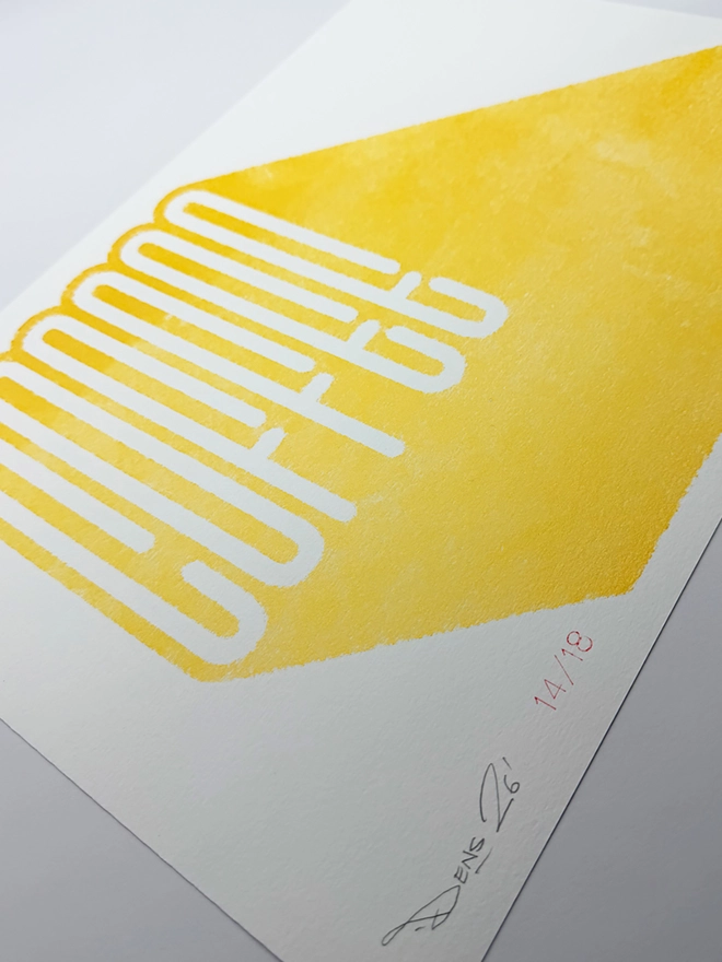 'Coffee' Gold Screen Print, on a white background. 