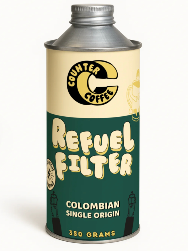 Refuel Filter. A jar of coffee beans from Counter Coffee.