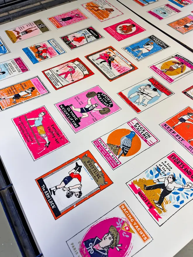 A To Z Of Sport Screenprint Going For Gold, a collection of colourful sport designs on a white screenprint. 