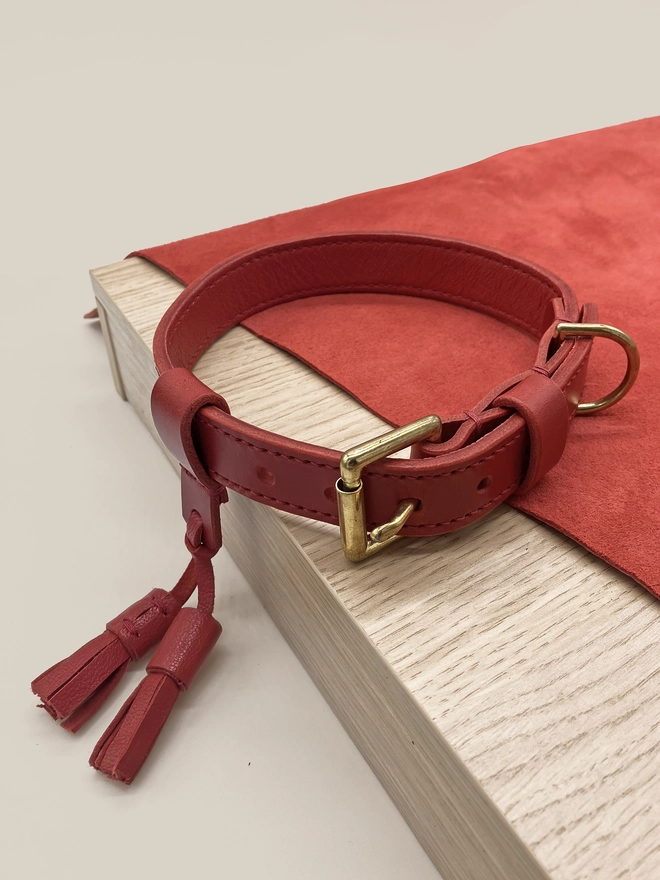 red leather dog collar and tassels staged on wood and leather prop