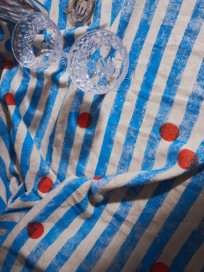 Blue Stripe and Red Dot Tablecloth 
