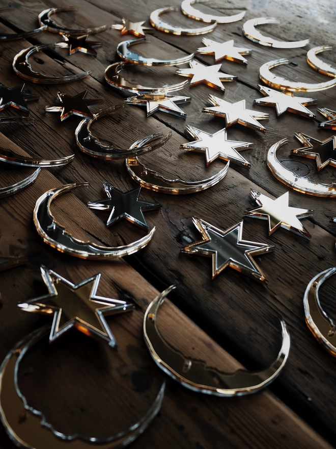 Mirror moon and star Christmas ornaments