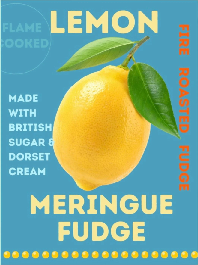 lemon meringue fire roasted fudge. packaging for fudge featuring a lemon on a blue background with yellow and blue writing.
