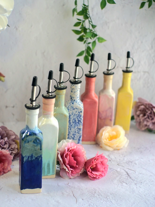 ceramic oil bottle, ceramic vinegar bottles, pourer bottle, Jenny Hopps Pottery, kitchen gift, home gift, colourful bottles