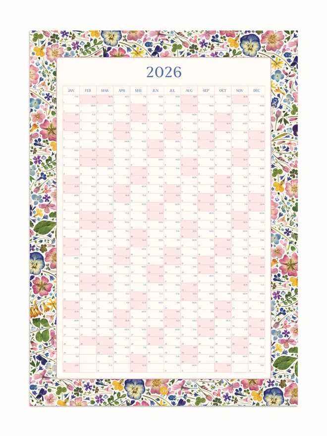 A pretty floral year wall planner. A 2025 calendar with a delightful pressed flower design. Perfect for bringing a touch of the outdoors to any studio, home office or workspace. 