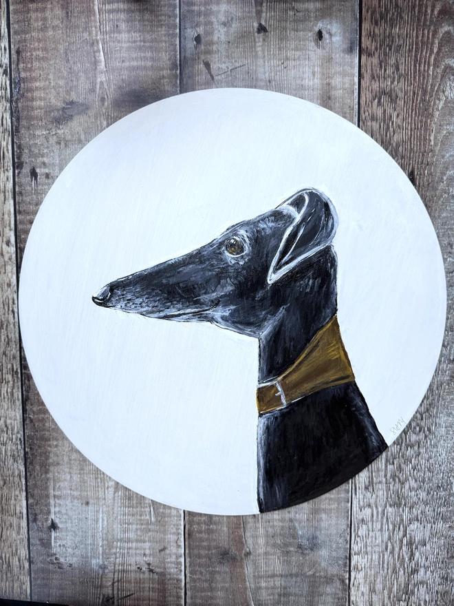 Large Hand-Painted Greyhound Picture painted onto a wooden circular background dog art