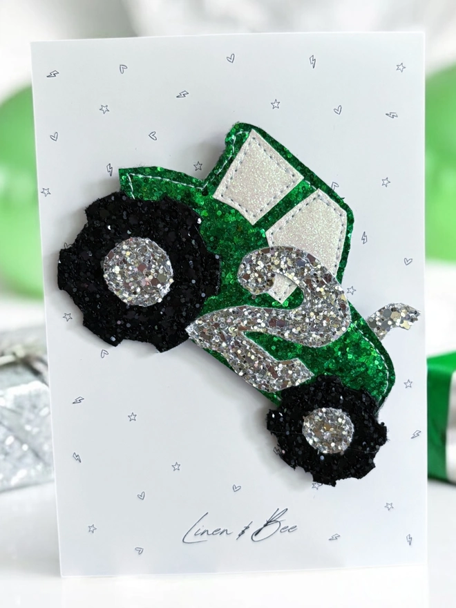 Personalised glitter tractor birthday badge