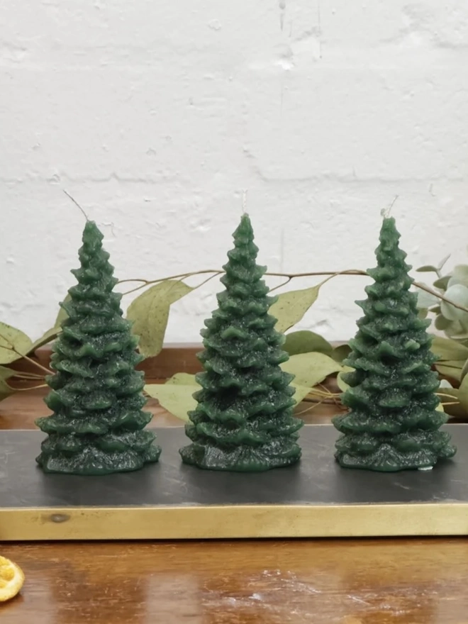 Green Or Red Christmas Tree Candle (Set Of 3). three green christmas tree shaped candles stand in a row on a slate and brass tray, set on a wooden surface with eucalyptus foliage and dried orange slices arranged around them. each candle has a textured, layered pine branch design tapering to a point, with a wick at the top. the styling, with its natural greenery and citrus, gives the set a festive, rustic feel suited to holiday decorating.