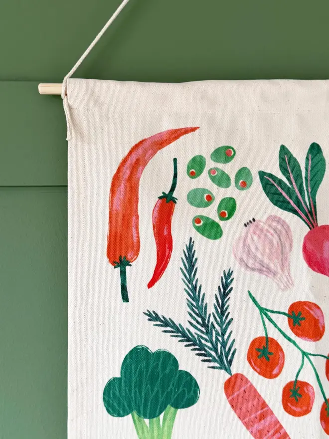 Vegetable Print Fabric Banner, against a green wall. 