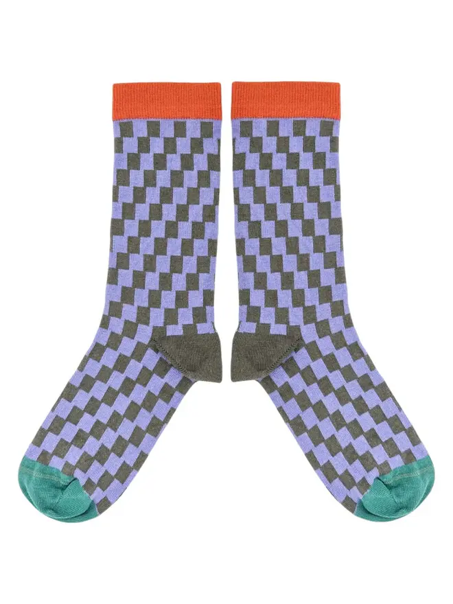 Women's Check Organic Cotten Ankle Socks, a pair of colourful patterned socks sitting on a plain white surface. 
