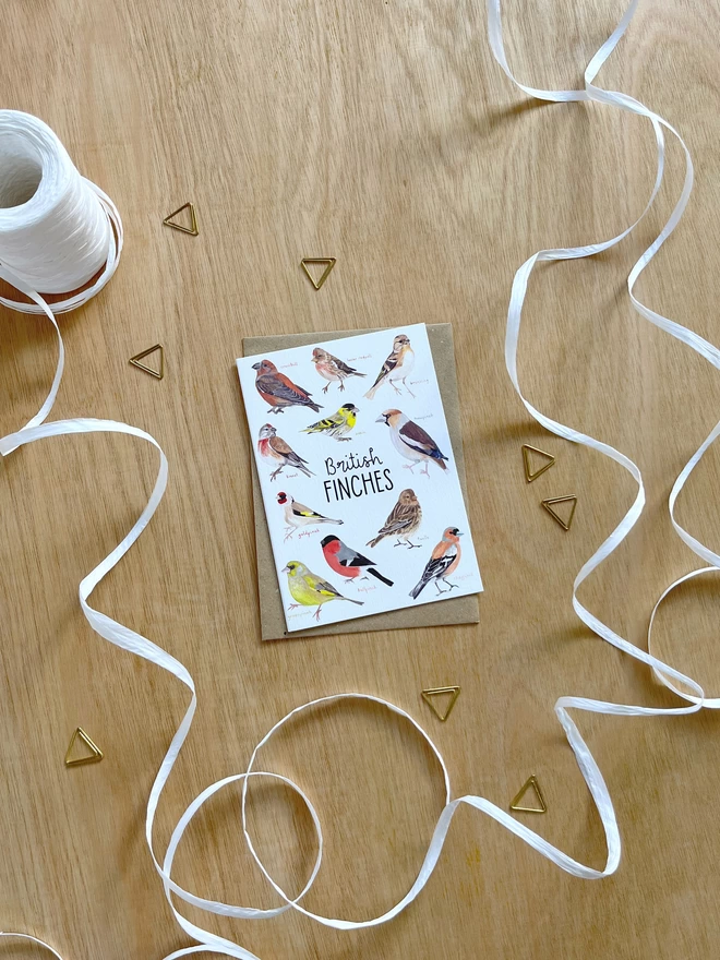 a greetings card featuring finch birds found in britain and the words “British Finches”