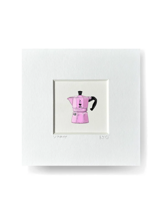 Illustrated pink coffee pot mini print with mount