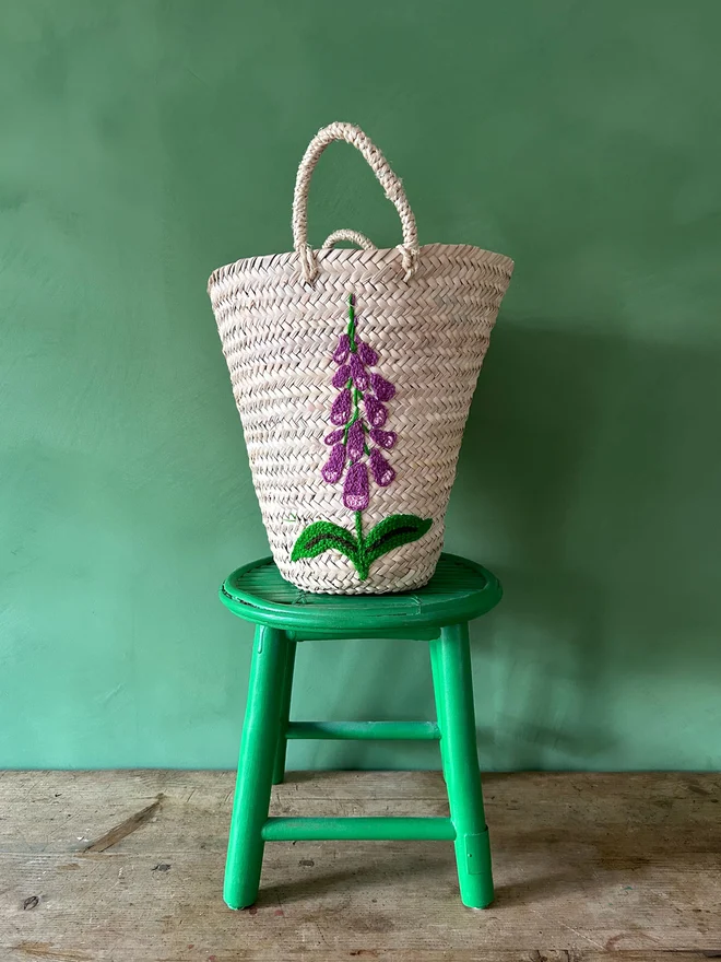 'Foxglove' Hand Embroidered Market Basket 