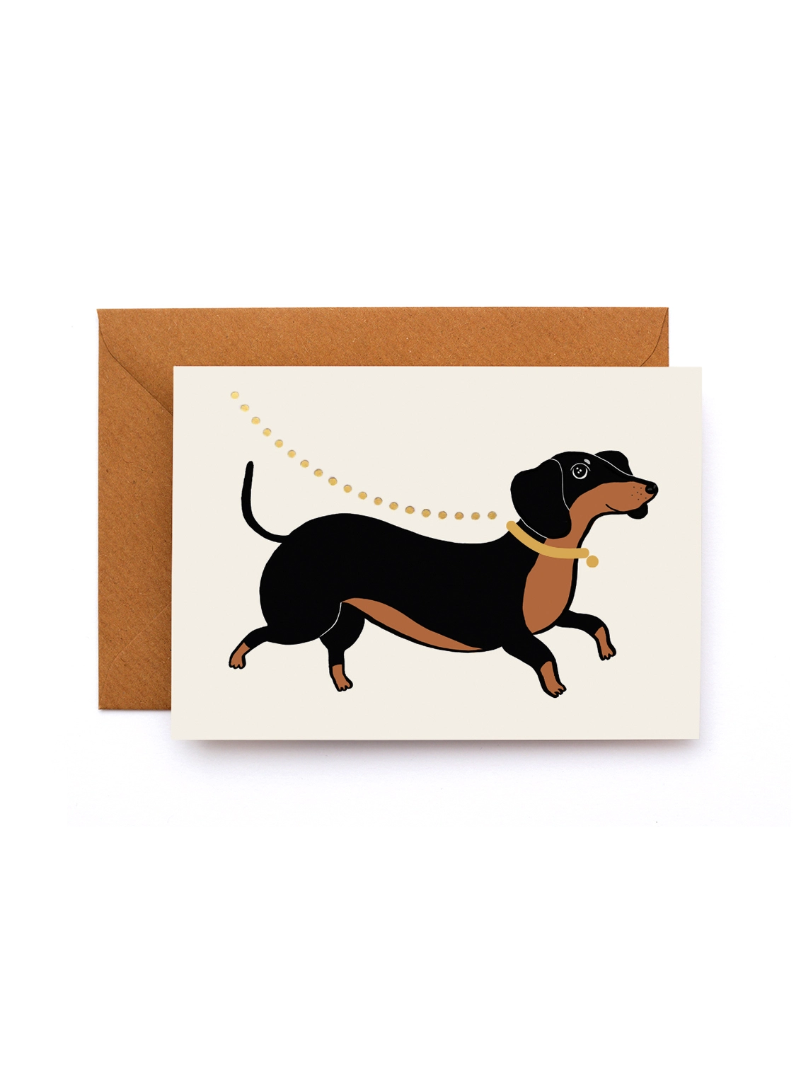 Greeting card with a picture of a short haired black & tan daschund dog on a gold leash