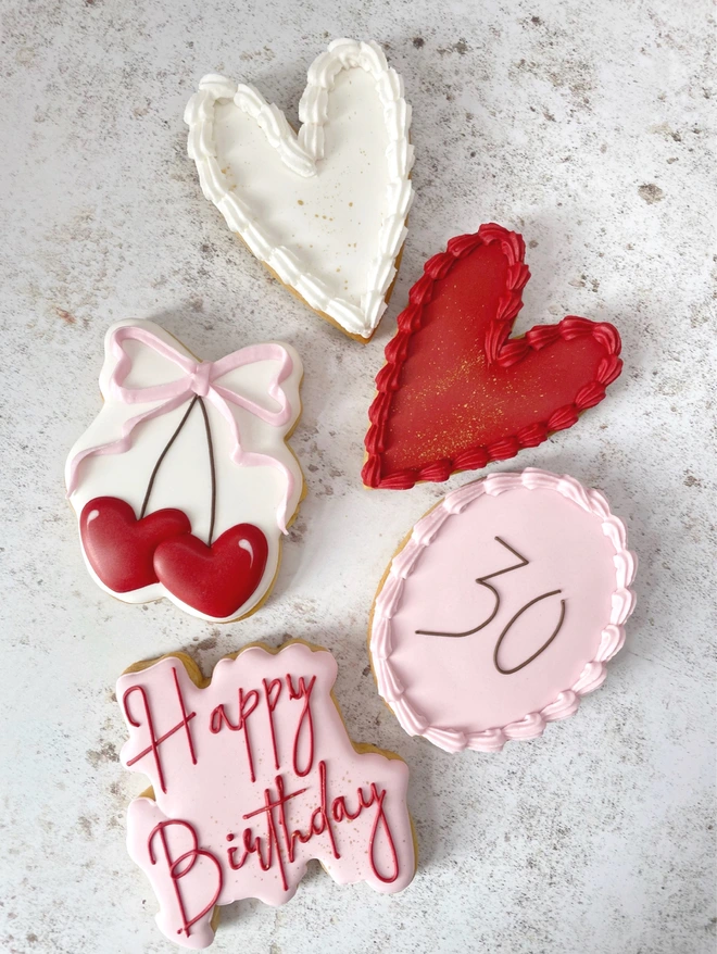 Happy birthday personalised heart cherries iced biscuits