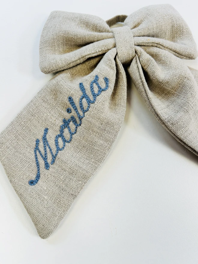 Personalised Embroidered Linen Bow Tree Decoration