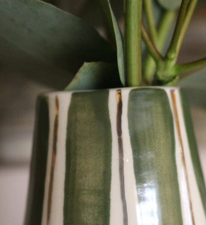 Close up of the gold lustre and green stripe vase