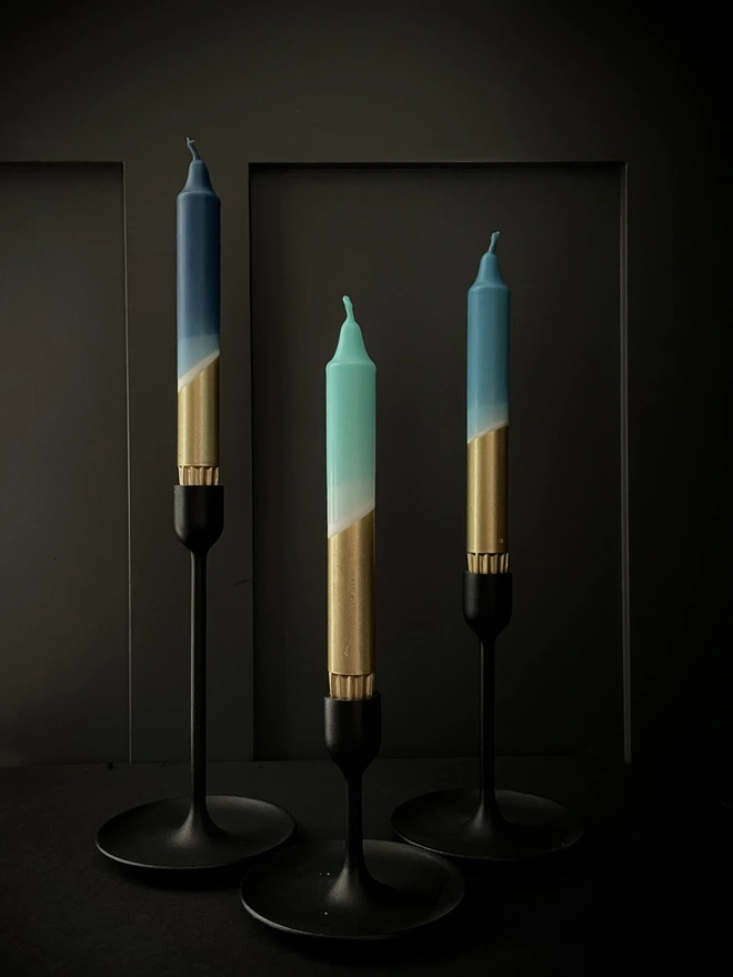 Blue & Gold Dip Dyed Dinner Candles (Set Of 3)