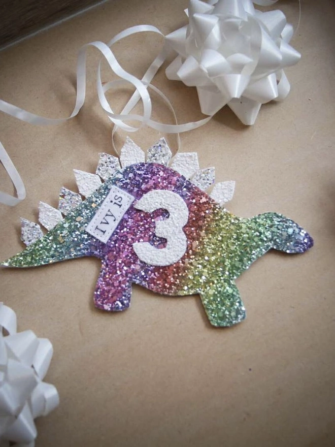 Personalised Glitter Dinosaur Birthday Badge. 