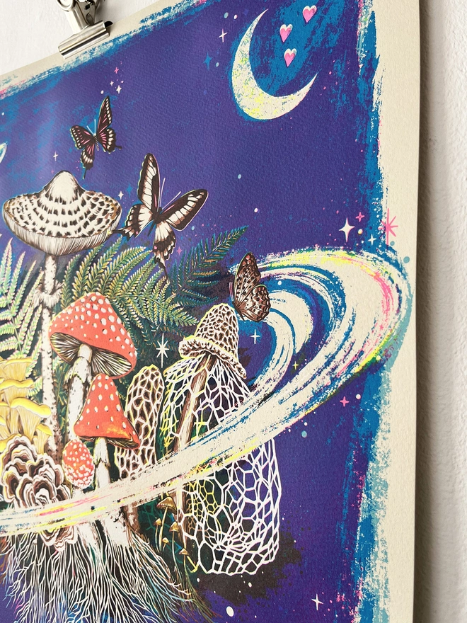 Planet o' Loveshrooms space mushroom screenprint by Kath Leone art