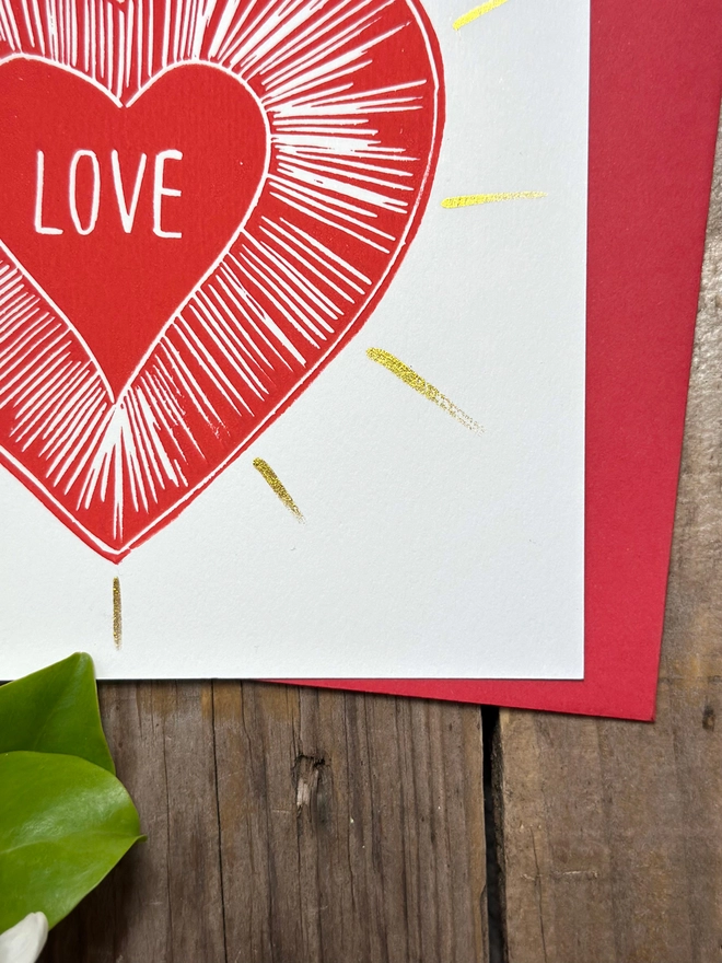 Love Heart Valentines Card Hand Printed Linocut With Gold