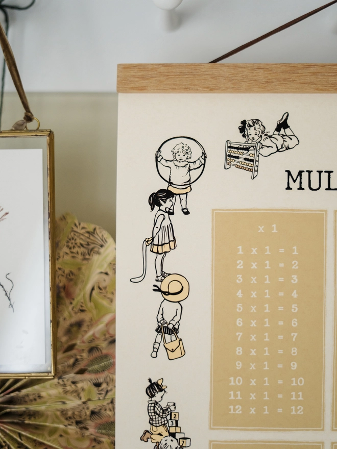 A close up of a vintage story book style illustrated Times Chart, featuring illustrated children playing and counting and reading around the columns of times tables hung in a childrens bedroom on oak poster hangers mainly yellow in colour