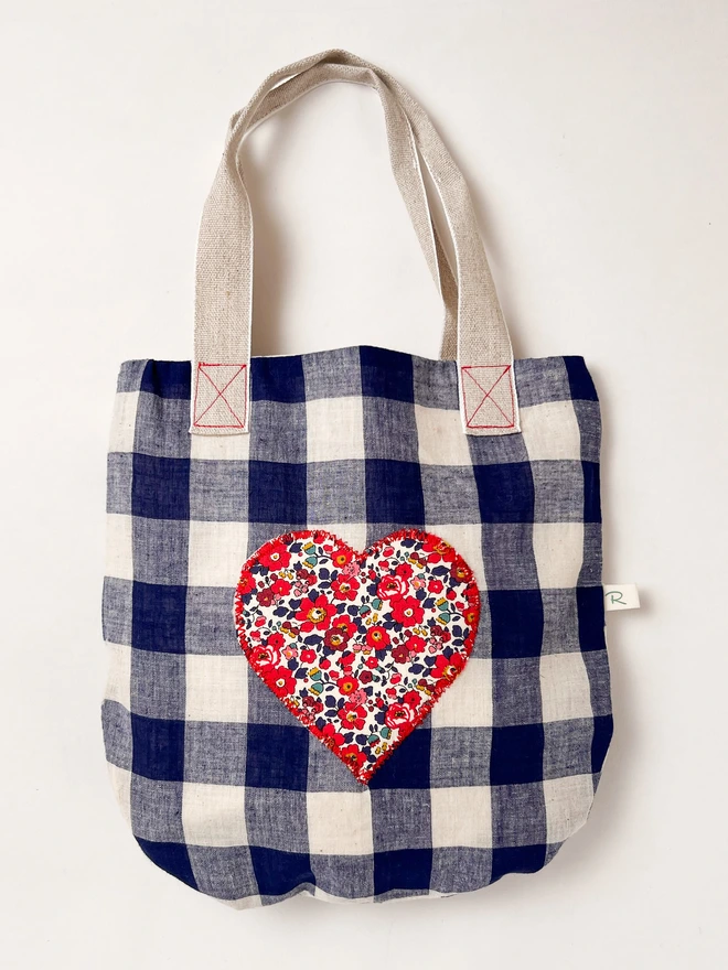 Blue gingham bag with vintage heart patch